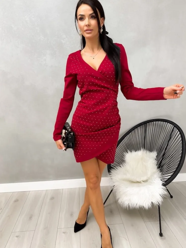Czerwona Sukienka z Cyrkoniami i Marszczeniem 13215-514-D|Modna Kiecka Fashion
