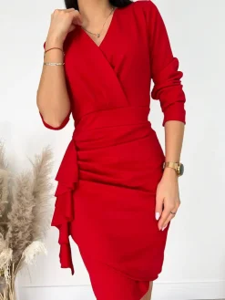 Czerwona Sukienka z Falbanką 9223-337-B|Modna Kiecka Fashion