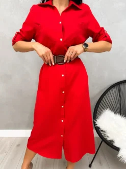 Czerwona Sukienka z Kieszonkami i Paskiem 13159-78-C|Modna Kiecka Discount