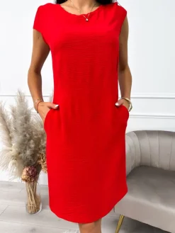 Czerwona Sukienka z Kieszeniami 9934-505-L|Modna Kiecka Online