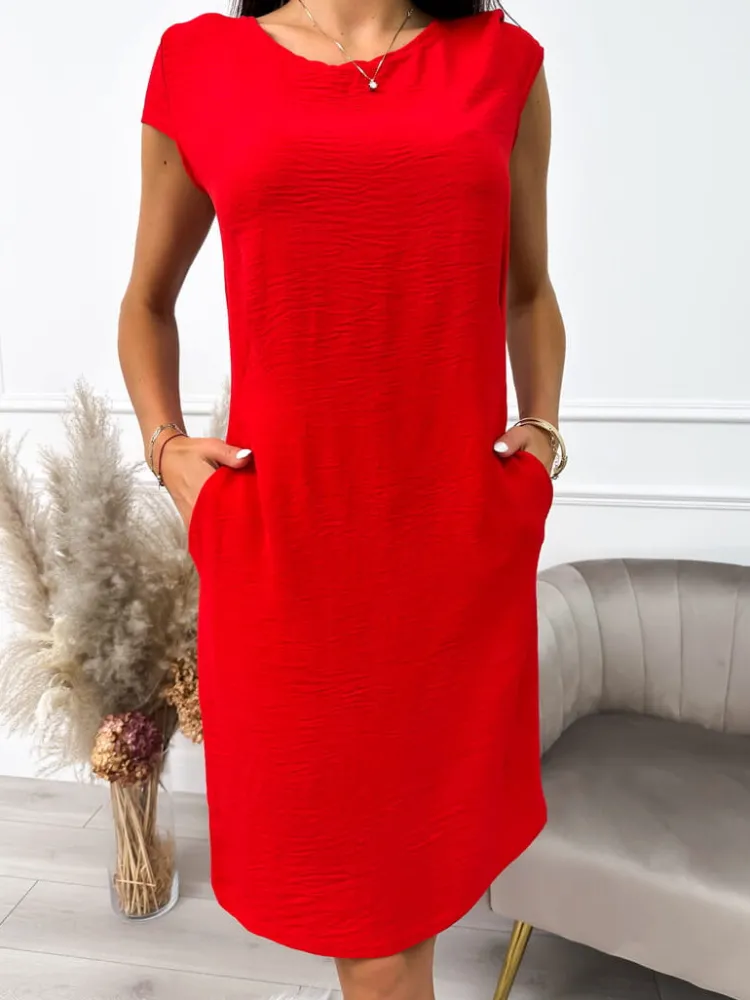 Czerwona Sukienka z Kieszeniami 9934-505-L|Modna Kiecka Online