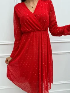 Czerwona Sukienka z Kopertowym Dekoltem 13323-254-C|Modna Kiecka Discount
