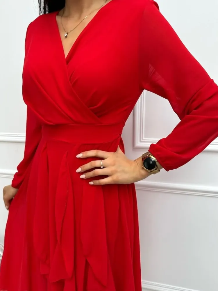 Czerwona Sukienka z Kopertowym Dekoltem 13355-135-C|Modna Kiecka Fashion