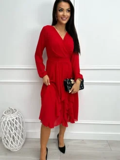 Czerwona Sukienka z Kopertowym Dekoltem 13355-135-C|Modna Kiecka Fashion