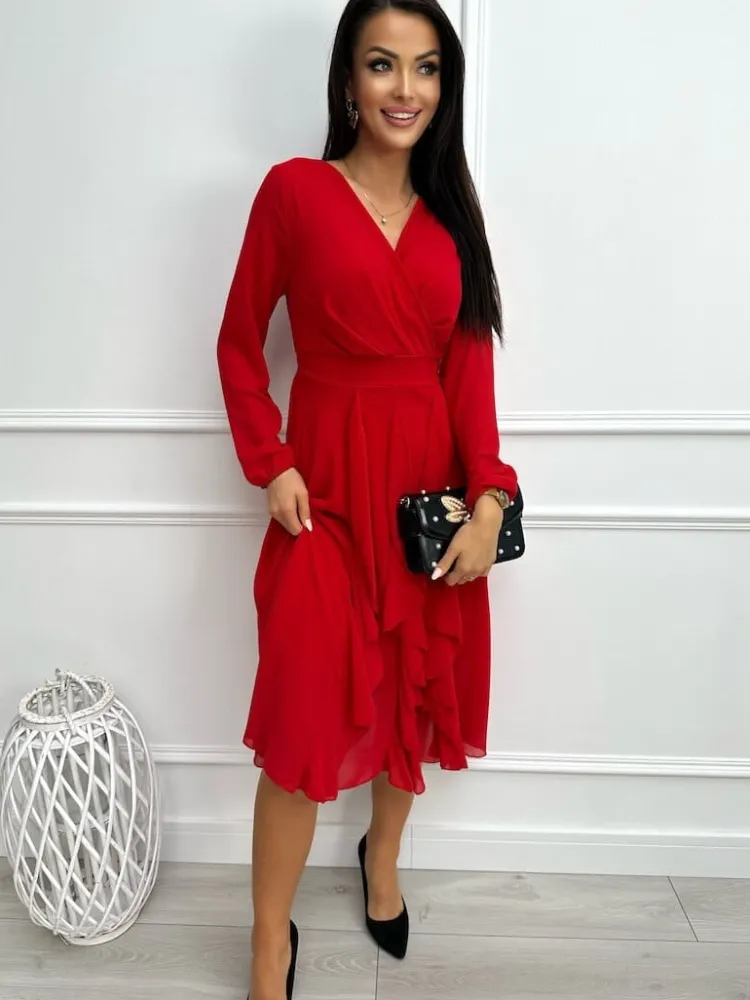 Czerwona Sukienka z Kopertowym Dekoltem 13355-135-C|Modna Kiecka Fashion
