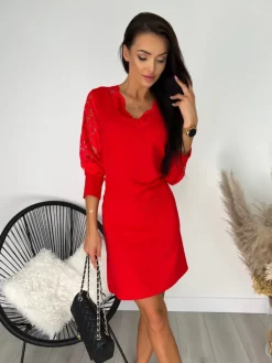 Czerwona Sukienka z Koronką 11450-511-B|Modna Kiecka Discount
