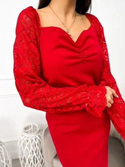 Czerwona Sukienka z Koronkowym Rękawem 10868-507-D|Modna Kiecka New
