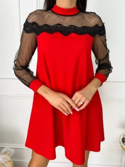 Czerwona Sukienka z Koronką 7123-09-C|Modna Kiecka Sale
