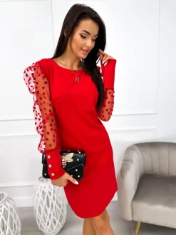 Czerwona Sukienka z Ozdobnym Rękawem 11043-30-B|Modna Kiecka Sale