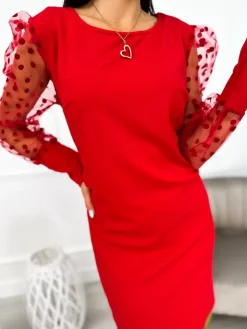 Czerwona Sukienka z Ozdobnym Rękawem 11043-30-B|Modna Kiecka Sale