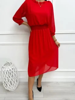 Czerwona Sukienka z Ozdobnym Dekoltem 13352-123-D|Modna Kiecka Outlet