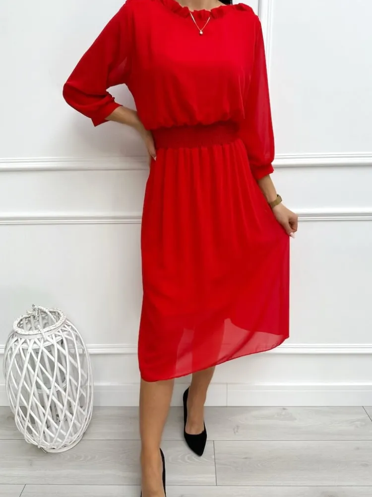 Czerwona Sukienka z Ozdobnym Dekoltem 13352-123-D|Modna Kiecka Outlet