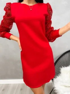 Czerwona Sukienka z Ozdobnym Rękawem 13230-115-A|Modna Kiecka Discount