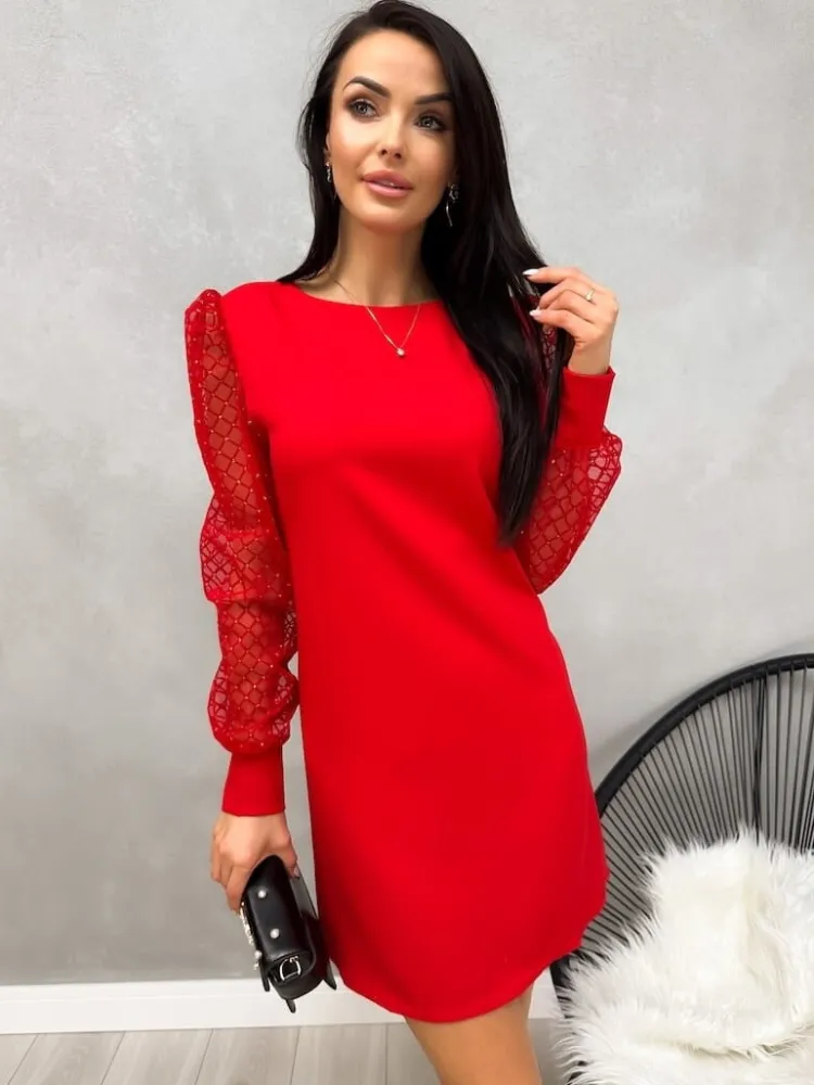 Czerwona Sukienka z Ozdobnym Rękawem 13230-115-A|Modna Kiecka Discount