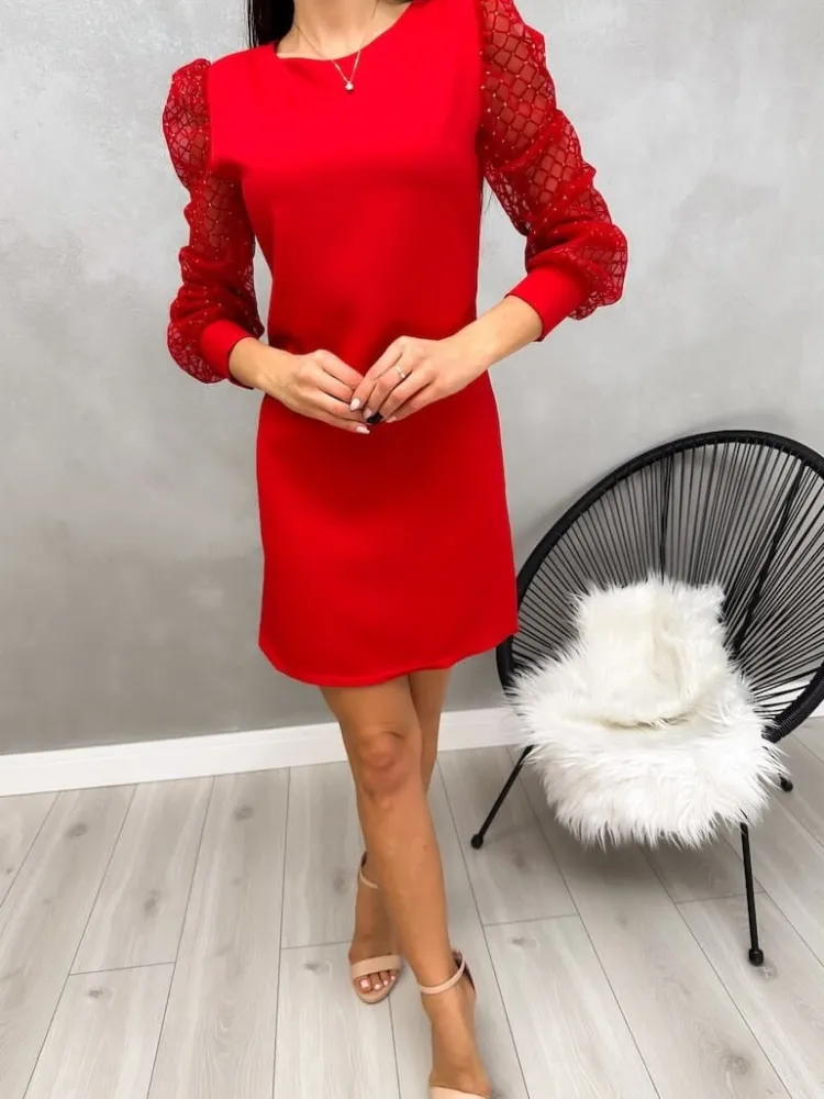 Czerwona Sukienka z Ozdobnym Rękawem 13230-115-A|Modna Kiecka Discount