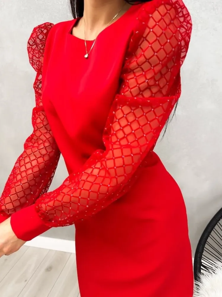Czerwona Sukienka z Ozdobnym Rękawem 13230-115-A|Modna Kiecka Discount