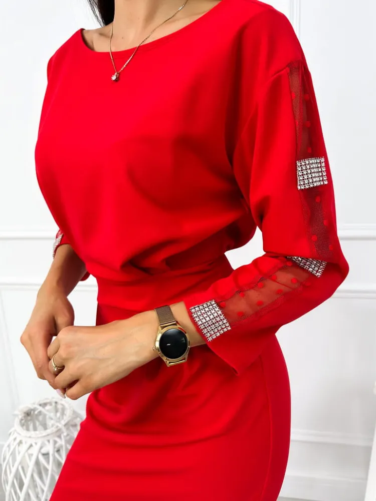 Czerwona Sukienka z Ozdobnym Rękawem 12886-70-B|Modna Kiecka New