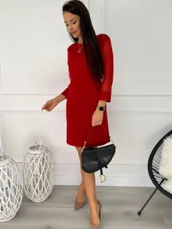 Czerwona Sukienka z Ozdobnym Rękawem 11449-266-F|Modna Kiecka Fashion
