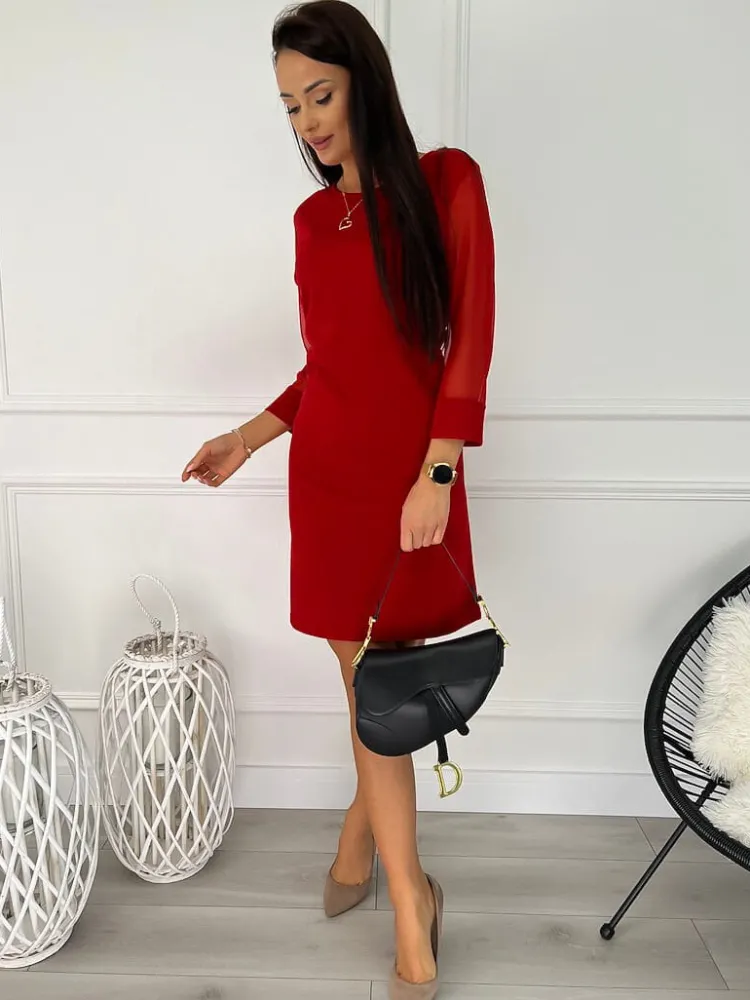 Czerwona Sukienka z Ozdobnym Rękawem 11449-266-F|Modna Kiecka Fashion