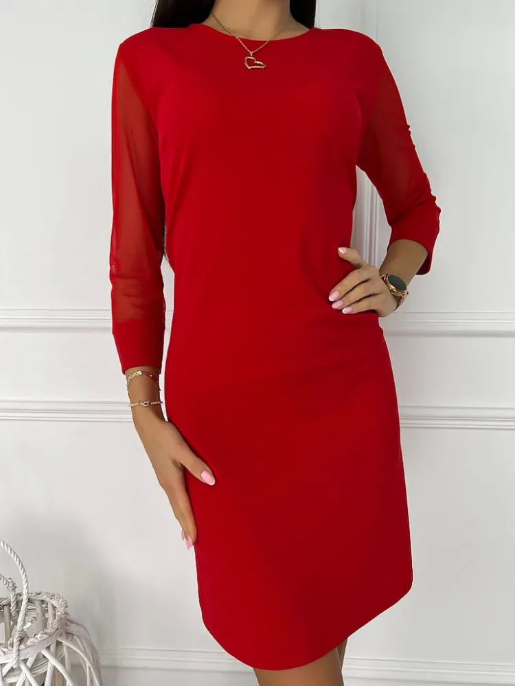 Czerwona Sukienka z Ozdobnym Rękawem 11449-266-F|Modna Kiecka Fashion