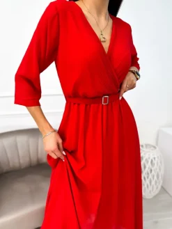 Czerwona Sukienka z Paskiem 11143-406-B|Modna Kiecka Hot
