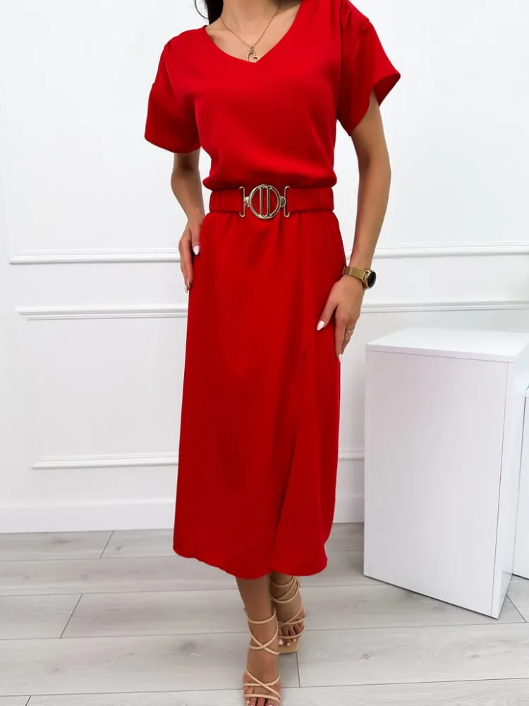Czerwona Sukienka z Paskiem 12387-406-C|Modna Kiecka Sale