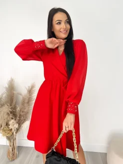Czerwona Sukienka z Wiązaniem 9201-216-B|Modna Kiecka New