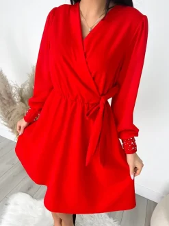 Czerwona Sukienka z Wiązaniem 9201-216-B|Modna Kiecka New