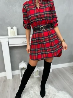 Czerwona Sukienka/Tunika w Kratę z Paskiem 13425-299-A|Modna Kiecka Best