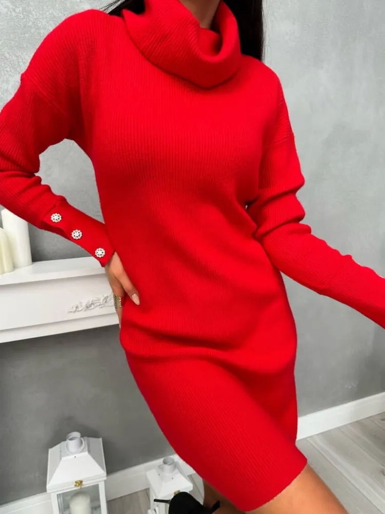Czerwona Sweterkowa Sukienka z Golfem 13395-355-D|Modna Kiecka Discount