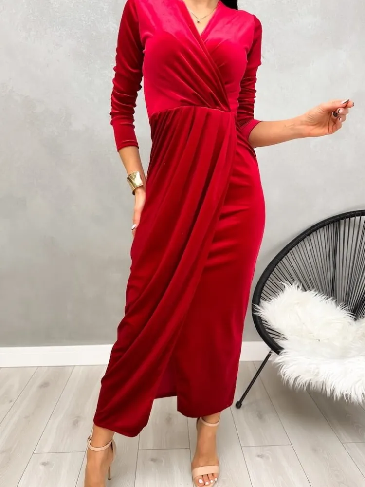 Czerwona Welurowa Sukienka Maxi z Rozporkiem 13228-292-C|Modna Kiecka Outlet