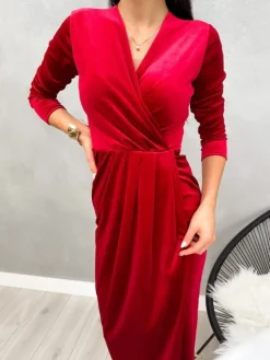Czerwona Welurowa Sukienka Maxi z Rozporkiem 13228-292-C|Modna Kiecka Outlet