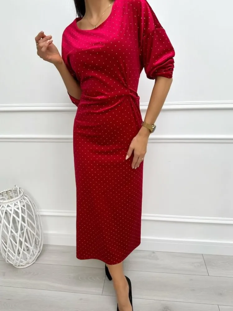 Czerwona Welurowa Sukienka w Srebrne Kropki 13362-70-C|Modna Kiecka Outlet