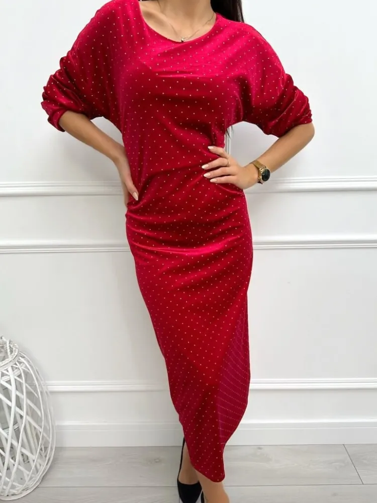Czerwona Welurowa Sukienka w Srebrne Kropki 13362-70-C|Modna Kiecka Outlet