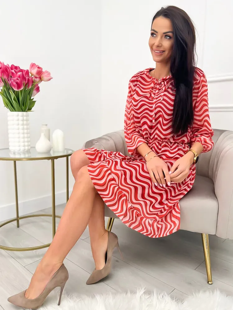 Czerwona Wzorzysta Sukienka z Wiązaniem 9719-251-Q|Modna Kiecka New