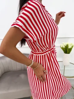 Czerwono-Biała Sukienka w Paski ze Ściągaczem 13983-426-B|Modna Kiecka New