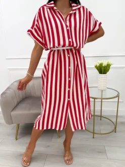 Czerwono-Biała Sukienka w Paski Oversize 13994-20-C|Modna Kiecka Sale