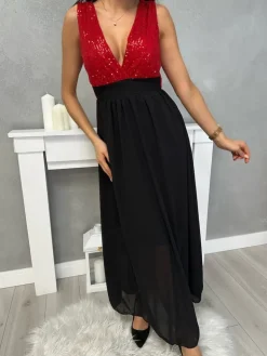 Czerwono-Czarna Sukienka Maxi z Cekinami 13407-331-B|Modna Kiecka Best