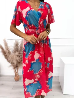 Czerwono-Niebieska Sukienka z Paskiem 10502-242-B|Modna Kiecka Discount