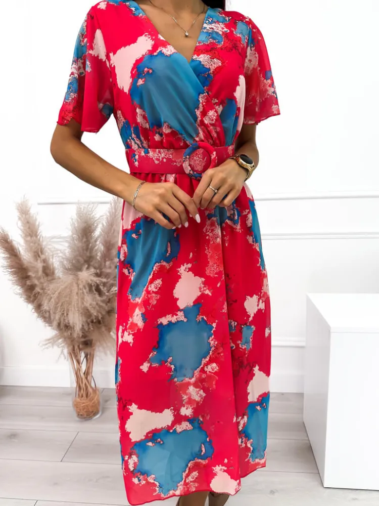 Czerwono-Niebieska Sukienka z Paskiem 10502-242-B|Modna Kiecka Discount