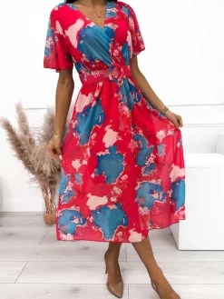Czerwono-Niebieska Sukienka z Paskiem 10502-242-B|Modna Kiecka Discount