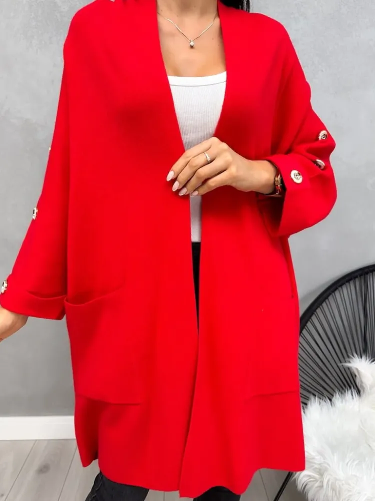 Czerwony Kardigan z Kieszeniami 13173-428-E|Modna Kiecka Discount
