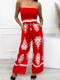 Czerwony Kombinezon w Kremowy Wzór 12546-413-A|Modna Kiecka Outlet