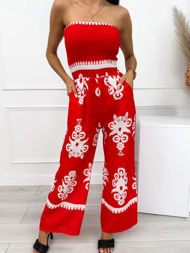 Czerwony Kombinezon w Kremowy Wzór 12546-413-A|Modna Kiecka Outlet