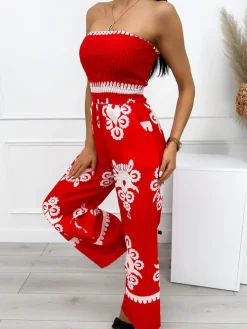 Czerwony Kombinezon w Kremowy Wzór 12546-413-A|Modna Kiecka Outlet