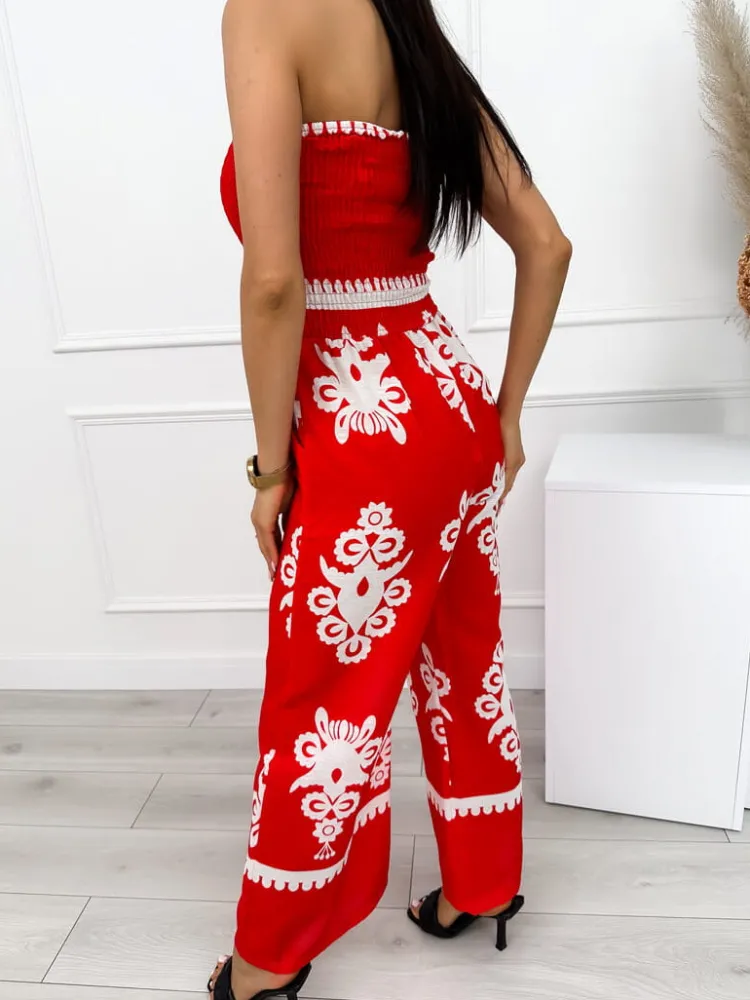 Czerwony Kombinezon w Kremowy Wzór 12546-413-A|Modna Kiecka Outlet