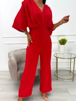 Czerwony Kombinezon z Dekoltem V 13965-349-B|Modna Kiecka Clearance