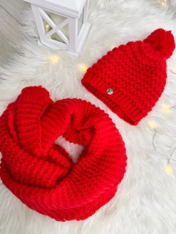 Czerwony Komplet Czapka z Pomponem + Szalik 13304-334-C|Modna Kiecka Online