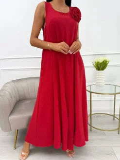 Czerwony Luźny Kombinezon z Ozdobną Broszką 13942-321-C|Modna Kiecka Discount