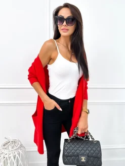 Czerwony Rozpinany Sweter z Kieszonkami 12635-140-C|Modna Kiecka Outlet